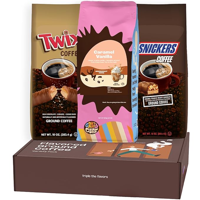 Perfect Samplers Flavored Ground Coffee Gift Box Variety Pack Milky Way Twix Caramel Vanilla Medium Roast Ground Coffee Sampler 3 Pack