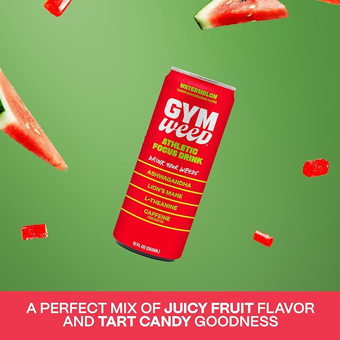 GYM WEED Athletic Focus Drink with KSM-66 Ashwagandha Lion's Mane Mushroom L-Theanine 200mg Green Tea Caffeine with Natural Sweeteners Watermelon Flavor 12 Pack