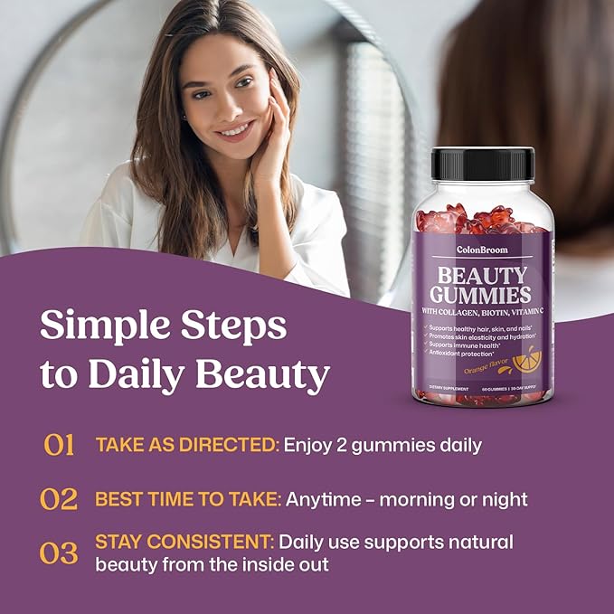 ColonBroom Beauty Biotin &amp Collagen Gummies with Vitamin C | Hair Skin and Nails Vitamins for Women &amp Men Beauty Supplement for Hair Health Collagen Peptides Gummies (Orange Flavor 30 Day