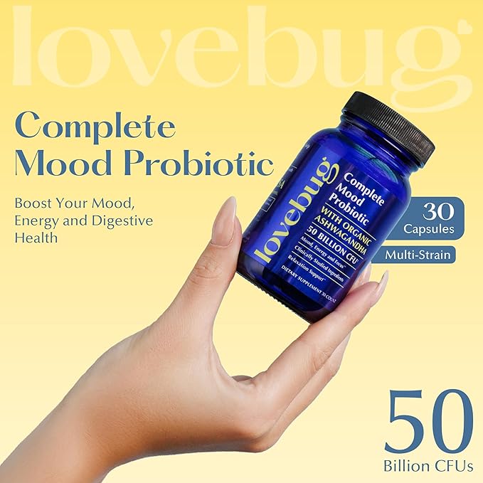 LoveBug Complete Mood Probiotics for Women - 50 Billion CFU 10 Clinically Studied Strains Lactobacillus Bifidobacterium Probiotic with Ashwagandha Digestive Health Mood Support Supplement 30 Count