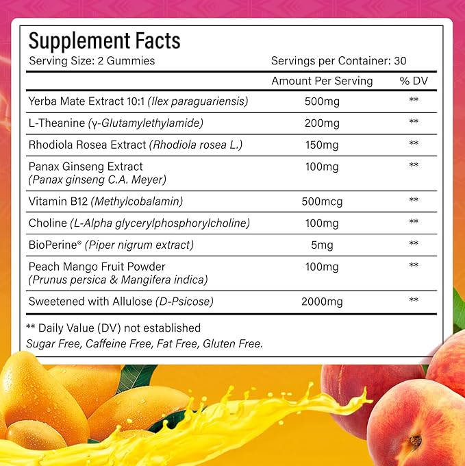 60 Yerba Mate Gummies – SuperFocus &amp Energy Support – Formulated with Yerba Mate Extract L-Theanine Rhodiola Ginseng Choline B12 – Peach Mango Flavor – Vegan Gluten-Free Non-GMO