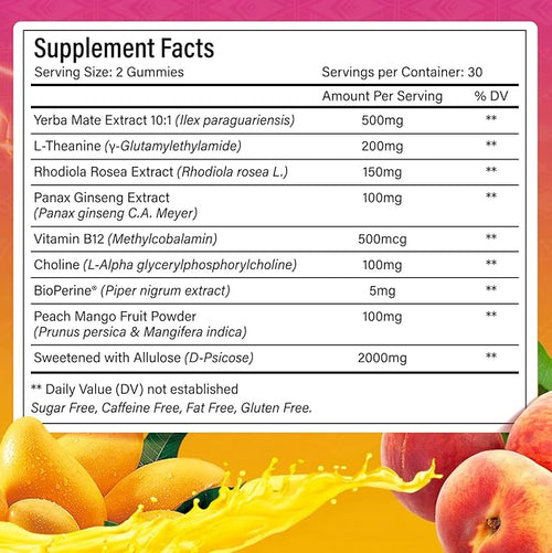 60 Yerba Mate Gummies – SuperFocus &amp Energy Support – Formulated with Yerba Mate Extract L-Theanine Rhodiola Ginseng Choline B12 – Peach Mango Flavor – Vegan Gluten-Free Non-GMO