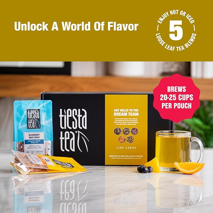 Tiesta Tea - Top Loose Leaf Tea Gift Box High to Non-Caffeinated Assorted Blends 5 Pouched Bags for Hot &amp Iced Brews Variety Pack Green Herbal Black &amp Fruit