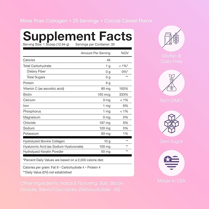 Obvi More Than Collagen Powder | Supports Healthy Hair Skin Nails Joints Gut | Grass-Fed Multi Collagen Supplement with Hyaluronic Acid Biotin Keratin | Cocoa Cereal 30 Servings