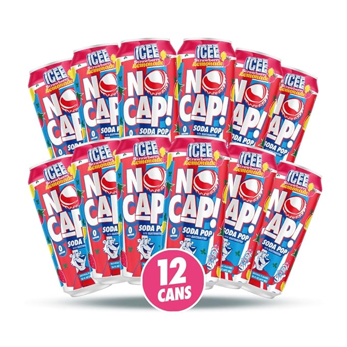 NO CAP! Next Gen Soda Pop Strawberry Lemonade with Electrolytes for Hydration Zero Sugar Zero Calories Caffeine-Free Soda Vegan &amp Gluten-Free 16 oz Cans (12-Pack)