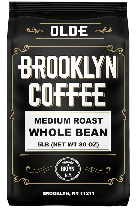 BROOKLYN COFFEE Whole Bean Classic Medium Roast (5lb) Balanced Smooth Mellow - Fresh Bulk Coffee Beans Roasted Weekly in NYC
