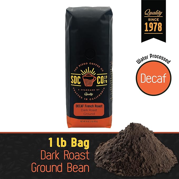 San Diego Coffee DECAF French Roast Dark Roast Ground Coffee 16-Ounce Bag Café descafeinado molido tostado