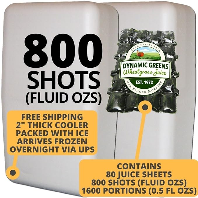 100% Wheatgrass Juice – Field-Grown Flash-Frozen Unpasteurized – 800 fl oz (1600 x 0.5 fl oz Portions) – Dynamic Greens