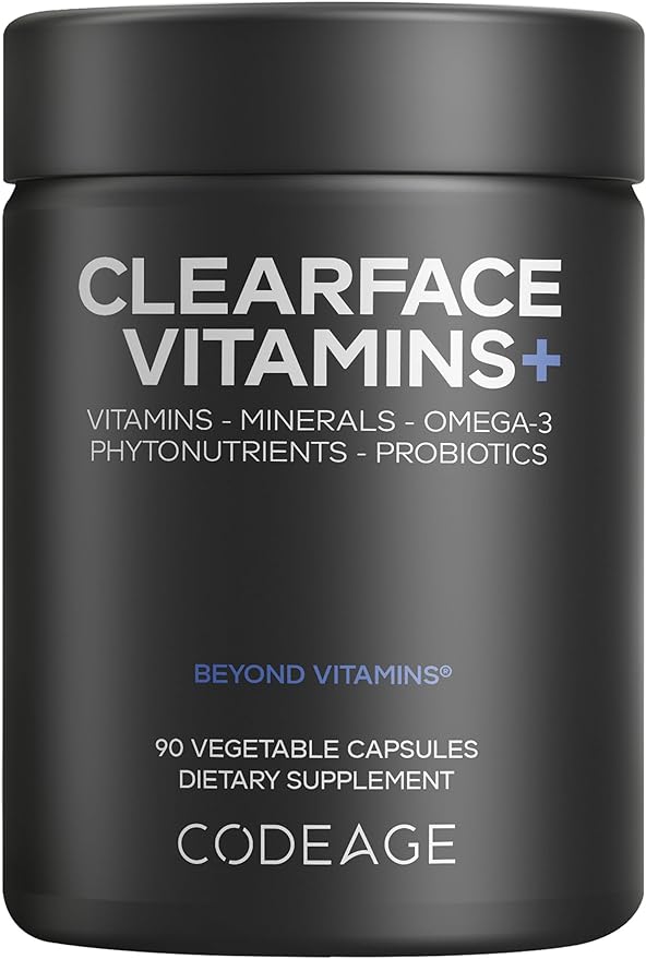 Codeage Clearface Pantothenic Acid Niacin Supplement Vitamins A C D3 E Probiotics Zinc Riboflavin Thiamin L-Lysine HCL &amp Omega-3 Niacinamide Skin Botanical Blend - Non-GMO - 90 Capsule