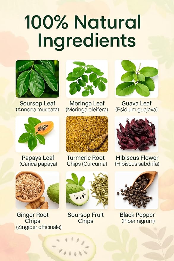 ValtoCell Cellular Defense Herbal Tea – Soursop Dandelion Turmeric Papaya &amp Guava | Natural Detox &amp Cleanse Support | 30 Herbal Infusion Tea Bags (3g Each) | Chlorophyll-Rich Moringa Blend