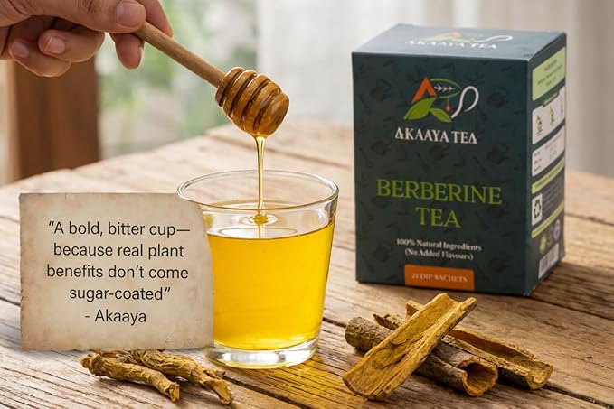 Akaaya Berberine Tea – Herbal Detox Tea with Berberine Licorice Stevia Cinnamon &amp Black Pepper – Caffeine-Free – 21 Sachets – Non-GMO ISO 9001:2015 Certified
