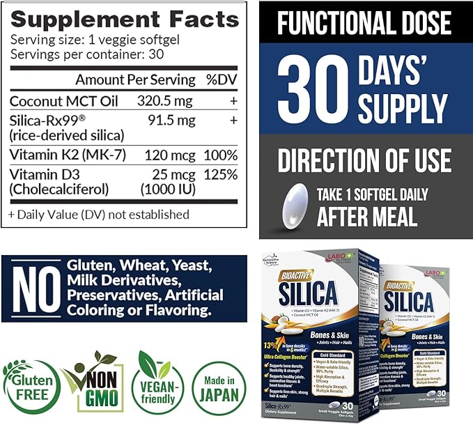 LABO Nutrition Bioactive Silica – Hair Skin Nails Collagen Formation Joint &amp Bone Strength – Support Bone Health &amp Collagen Booster– 99% Purity Rice-Derived Silica Supplement 30 Vegan Sof