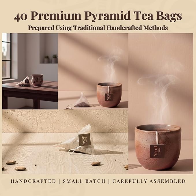 Cacao Husk Tea – Coffee Alternative Chocolate Herbal Tea Roasted Cacao Shell Infusion with Cherry &amp Cinnamon Naturally Caffeine Free 40 Pyramid Tea Bags – Ritual of the Husk