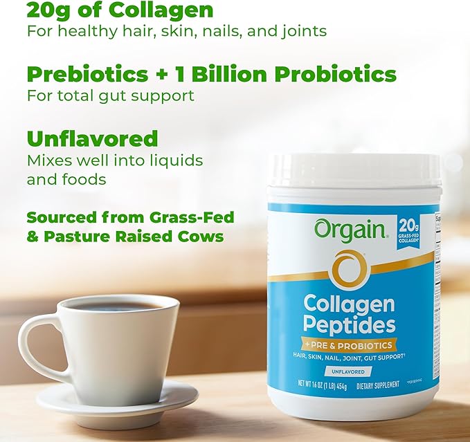 Orgain Hydrolyzed Collagen Peptides + Prebiotic &amp Probiotics Powder for Women &amp Men 20g Grass Fed Collagen 1 Billion CFU - Supports Digestive Hair Skin &amp Joint Health Non-GMO Type I