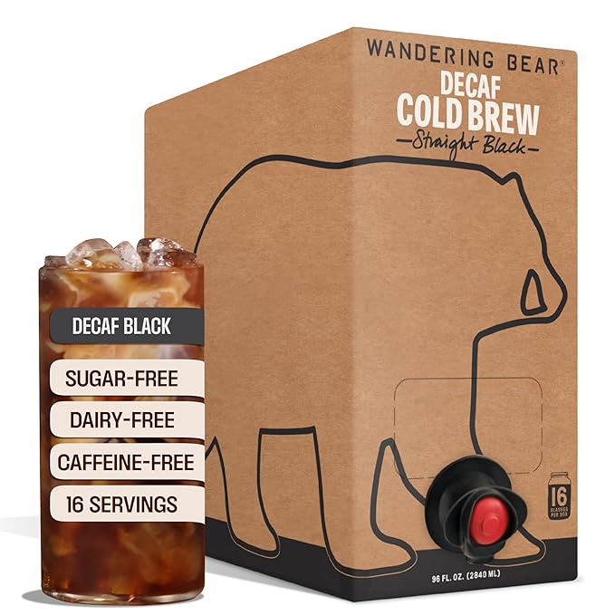 Wandering Bear Decaf Cold Brew Coffee On Tap Iced Coffee Drink - Bold Smooth No Sugar Added Shelf-Stable Ready to Drink Gluten Free &amp Vegan Decaf - 16 Servings of 6fl.oz - 96fl.oz