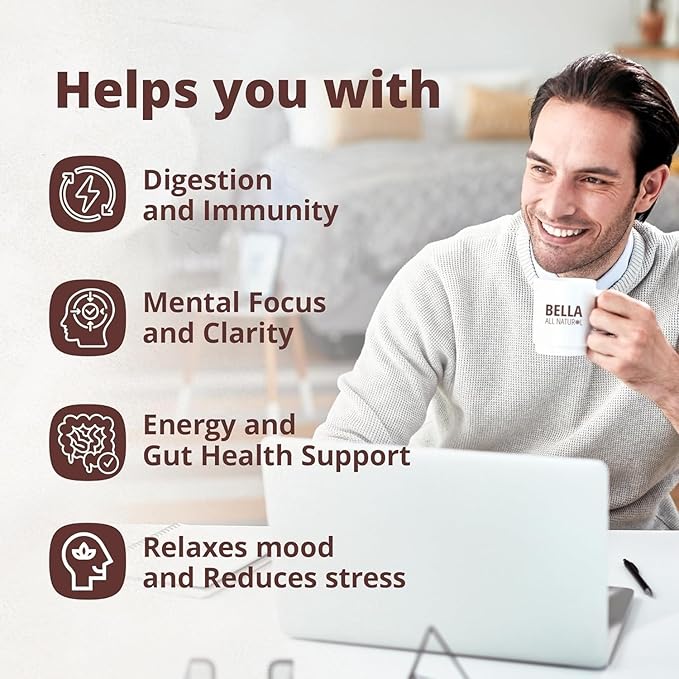 Bella all Natural Instant Mushroom Coffee – Organic Instant Coffee with Lion’s Mane &amp Chaga 30 Servings | Healthy for Focus Brain Support &amp Immunity | Mushroom Coffee Powder