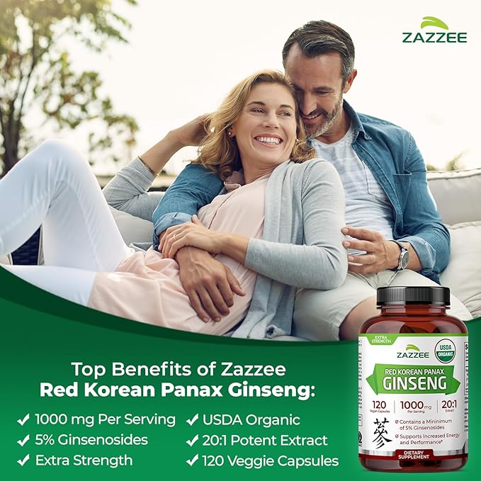 Zazzee USDA Organic Red Korean Panax Ginseng 20:1 Extract 1000 mg 5% Ginsenosides 120 Vegan Capsules Standardized and Concentrated 20X Root Extract 100% Vegetarian All-Natural Made in the USA
