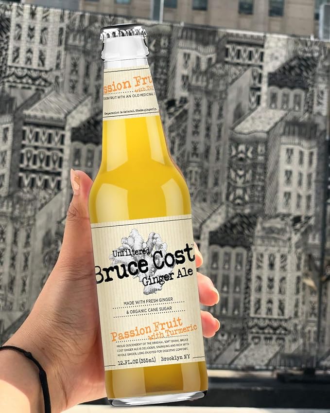 Bruce Cost - Unfiltered Ginger Ale - Passion Fruit with Turmeric - 12 oz (9 Glass Bottles)