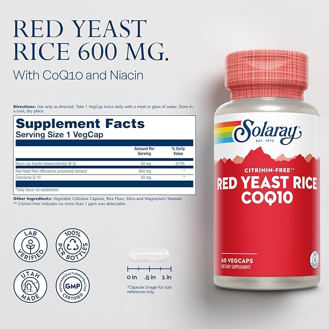 SOLARAY Red Yeast Rice Plus CoQ-10 &amp No-Flush Niacin Vitamin B-3 Healthy Heart &amp Cardiovascular Support Non-Irradiated &amp Citrinin Free 60 Day Money Back Guarantee 60 Servings 60 VegCa