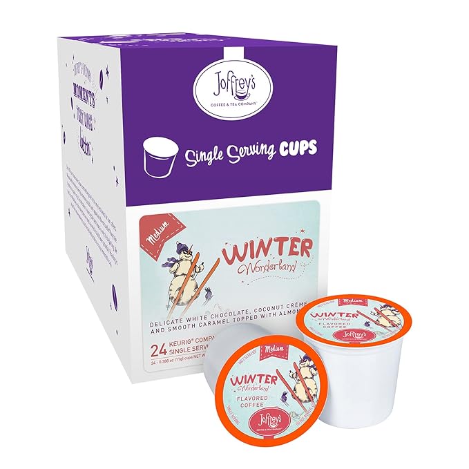 Joffrey's Coffee - Winter Wonderland Flavored Coffee Artisan Medium Roast White Chocolate Coconut Caramel &amp Almond Flavor No Sugar 2.0 Compatible (Single Serve Cup 24 Count)
