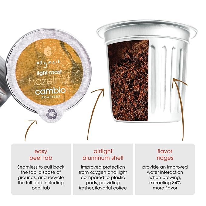 Cambio Roasters Hazelnut Light Roast Organic Coffee Pods - The Only Organic Recyclable Aluminum Coffee Pods Small Batch Roasted Keurig® Compatible Nutty Flavor &amp Longer Lasting Freshness 60 Co