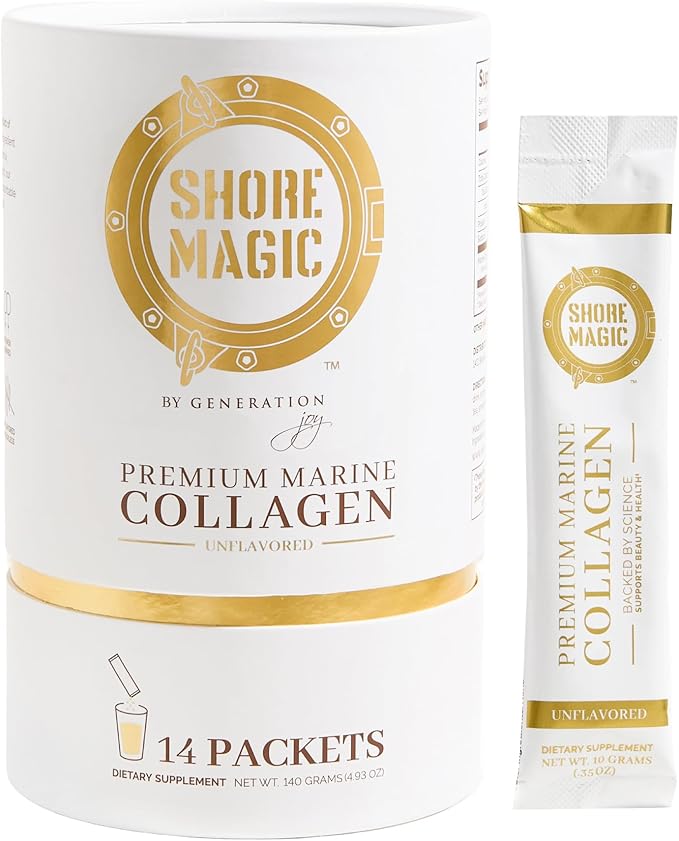 Shore Magic 14-Day Collagen Packets – Hydrolyzed Marine Collagen Peptides Types I II III IV – Wild-Caught Fish Unflavored Kosher – Supports Skin Hair Nails &amp Joints – Travel-Friendly