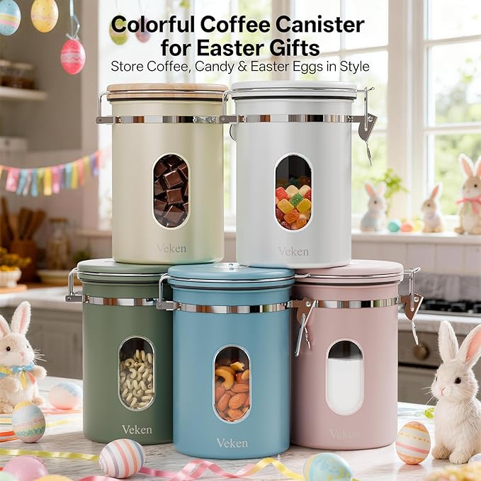 Veken Coffee Canister with Window Easter Gifts Airtight Stainless Steel Container with Lids Home Kitchen Food Storage Jars for Grounds Beans Tea Flour Cereal Sugar Basket Scoop 22OZ Blue