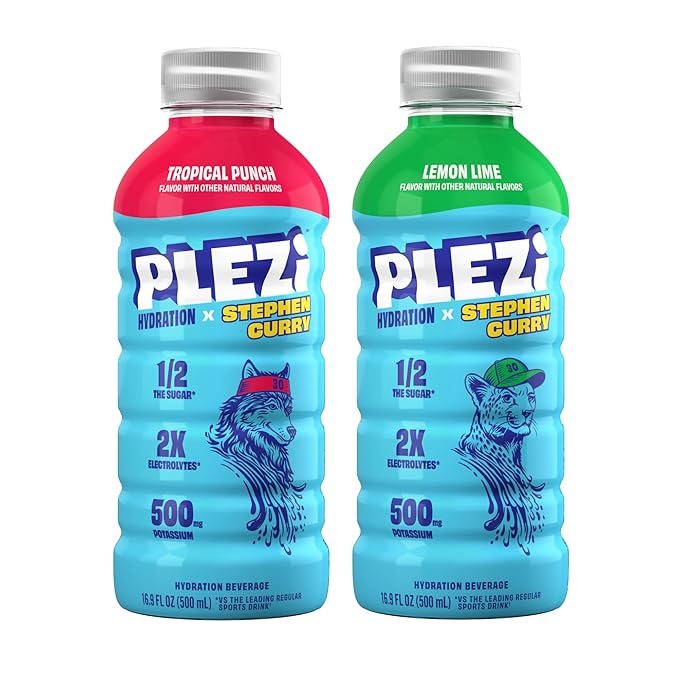 PLEZi Hydration Drink Bundle – Tropical Punch &amp Lemon Lime x Stephen Curry – Sports Drinks with 2X Electrolytes 500mg Potassium No Added Sugar – 16.9 Fl Oz (24 Pack Total)