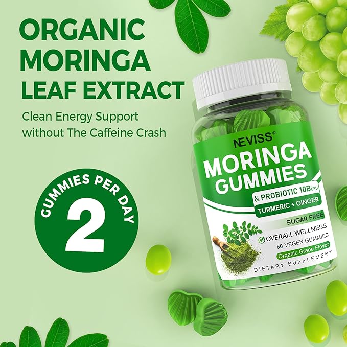 Moringa Gummies for Women Men w/Probiotic Turmeric Ginger Ceylon Cinnamon Sugar Free Organic Moringa Powder Capsules Alternatives Pure Moringa Leaves Green Superfood Supplement - Vegan 120Cts