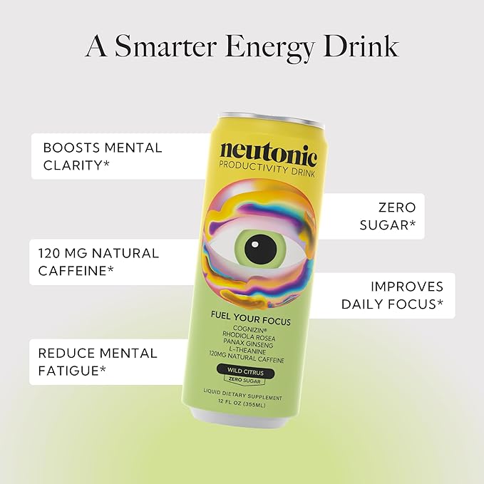 neutonic Nootropic Productivity Energy Drink &amp Focus Blend Powder Bundle | 12 Cans Wild Citrus &amp 16 Sticks Peach Mango | Zero Sugar | Support Memory Mental Clarity Cognitive Function