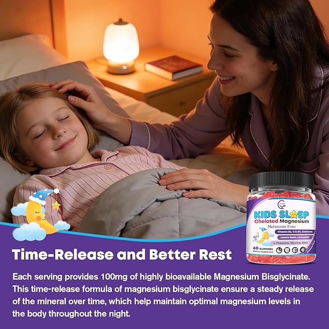 Kids Sleep Gummies Magnesium Bisglycinate 100/200 mg + 200/400 mg Calcium Citrate for Kids 4+ w/L-Theanine B6 Zinc D3K2 &amp GABA Lemon Balm Chamomile Extract for Zzz &amp Relax Bone Muscle