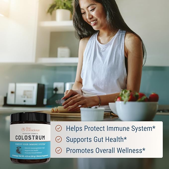 Live Conscious Colostrum Powder - Grass Fed Bovine Colostrum Supplement with Lactoferrin for Iron Absorption - Immune System Supplement (2-Pack)
