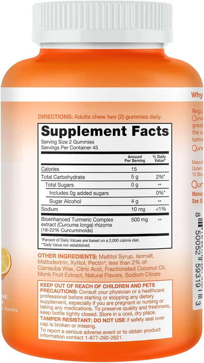 Qunol Zero Sugar Turmeric Gummies Gummy with 500mg Turmeric Curcumin Joint Support Supplement Ultra High Absorption Turmeric Curcumin Vegetarian Gluten Free 90 Count