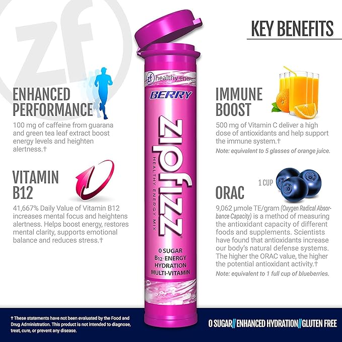 Zipfizz Daily Energy Drink Powder Berry 12 Pack | 3-in-1 Sustained Energy Rapid Hydration and Essential Vitamins | Sugar-Free | Electrolyte Powder | Contains Vitamin B-12 &amp Antioxidants