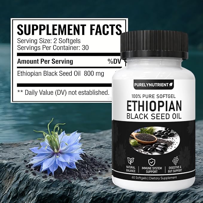 PURELYNUTRIENT Ethiopian Black Seed Oil Capsules with 4.64% Thymoquinone Immune Support &amp Digestion &amp Energy Booster Non-GMO Gluten-Free 120 Count