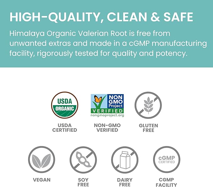 Himalaya Organic Valerian Root Herbal Sleep Support for Calm Relaxation USDA Organic Non-GMO Vegan Gluten Free 1000 mg 60 Capsules