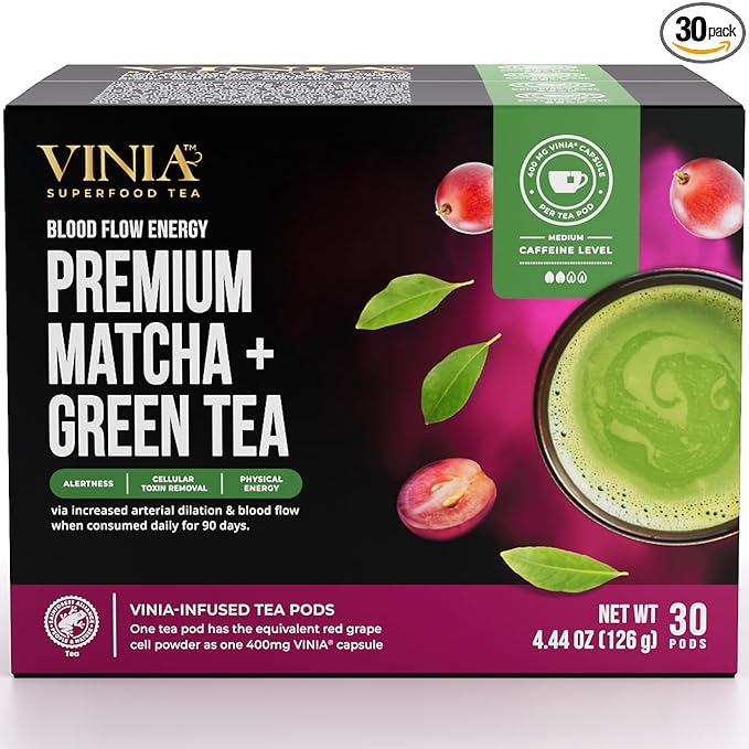 VINIA Premium Matcha + Green Tea K-Cup Pods Made with Organic Tea Infused with Piceid Resveratrol for Heart Health Nitric Oxide Physical Energy Alertness Blood Flow Keto Kosher NON-GMO. 30 Ct