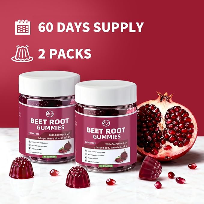 M inch Beet Root Gummies Blood* Pressure Support &amp Nitric Oxide Booster 8-in-1 Wellness Formula with Grape Seed Coq10 Folic Acid Vitamin C B3 &amp B12 Sugar Free Vegan Pomegranate Flavor