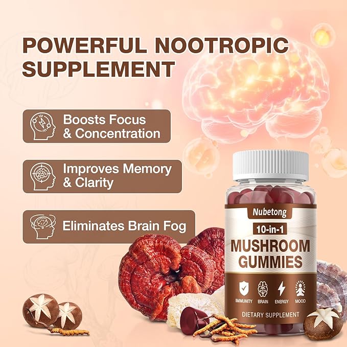 Mushroom Gummies - 10x Mushroom Supplement for Adults with Lion's Mane Reishi Chaga and Turkey Tail - Brain Booster Immune Support Stress Relief and Focus Support (2 Pack)