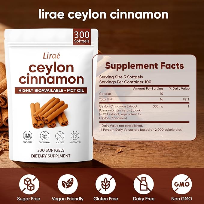LIRAE Ceylon Cinnamon Ceylon Cinnamon Soft Gels with MCT Oil Highly Bioavailable Herbal Extract for Energy Heart &amp Metabolism Support Non-GMO Gluten Free 300 Softgels (2)