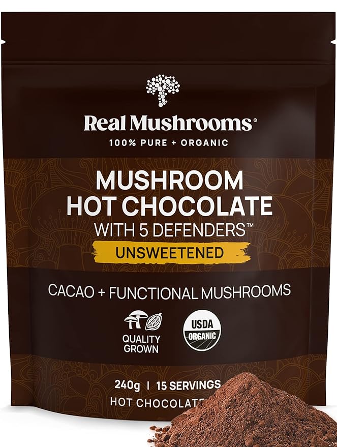 Real Mushrooms Unsweetened Hot Chocolate Mix with 5 Defenders – Reishi Chaga Turkey Tail Maitake Shiitake – Coco Powdered Unsweetened – Organic Cacao Powder Supplement Vegan 15 Servings