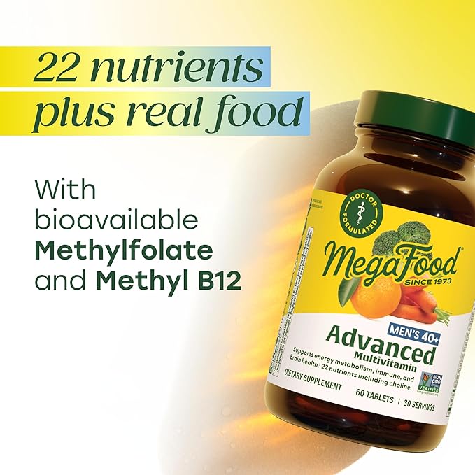 MegaFood Men's 40+ Advanced Multivitamin for Men - Dr-Formulated - Choline Vitamin B Vitamin C Vitamin D Zinc &amp Real Food - Brain Health Immune Support - Vegetarian - 120 Tabs (60 Servings)