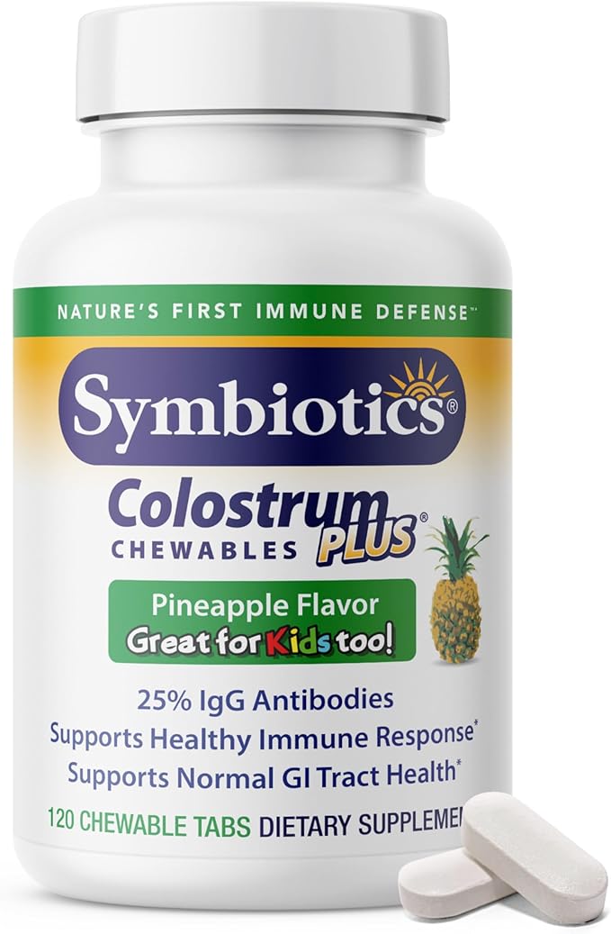 Symbiotics Naturade Colostrum Chewable Tablets – Immune &amp Digestive Support with Lactoferrin Gluten Free Low Sugar Easy Daily Wellness Nutrition (120 Count - Pineapple)