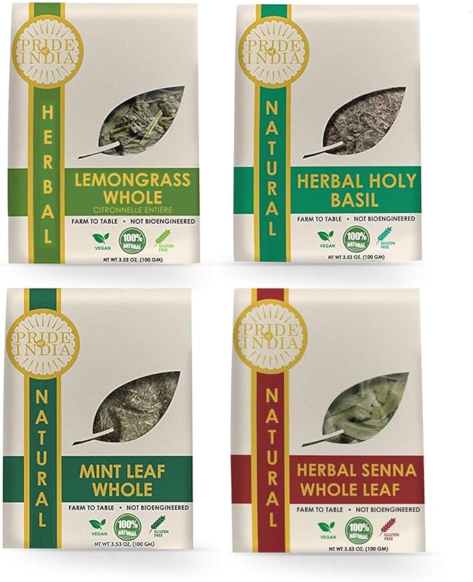 Pride Of India | Herbal Tea Lovers Set 14.12 oz (400 gm) | Includes Lemongrass Whole Tulsi/Holy Basil Leaf Whole Senna Herbal Whole Mint Whole