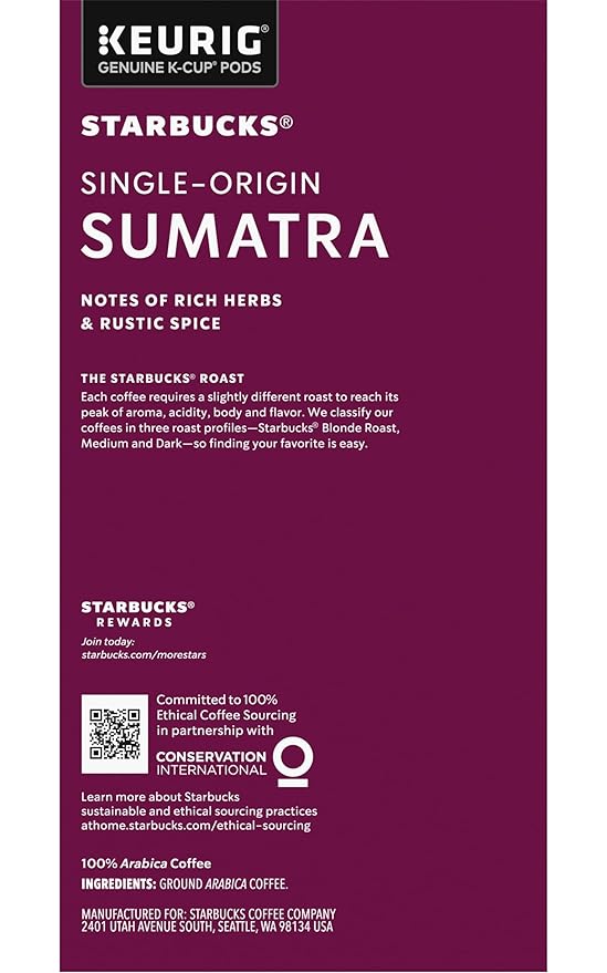 Starbucks Coffee K-Cup Pods Sumatra Single-Origin Coffee Dark Roast Ground Coffee Keurig Genuine K-Cup Pods 32 Count (Pack of 4)
