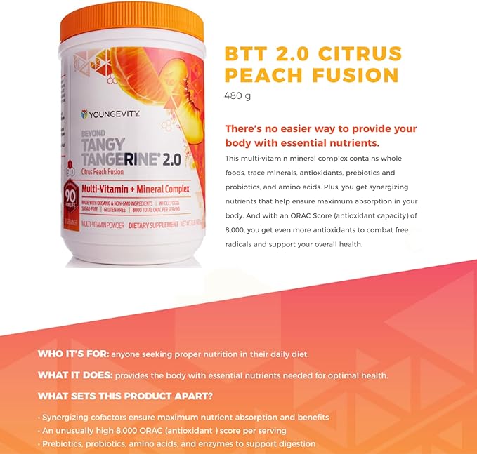 Youngevity Beyond Tangy Tangerine 2.0 Citrus Peach Fusion Multi-Vitamin &amp Mineral Complex - Made with Natural &amp Whole Foods | 8000 ORAC