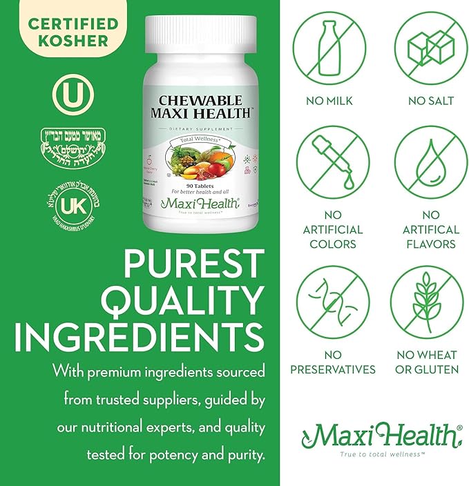 Maxi Health Chewable Multivitamin for Kids Teens and Adults - Cherry Chewable Vitamins for Adults &amp Children - Kosher Kids Multivitamin + Iron (90 Tablets)