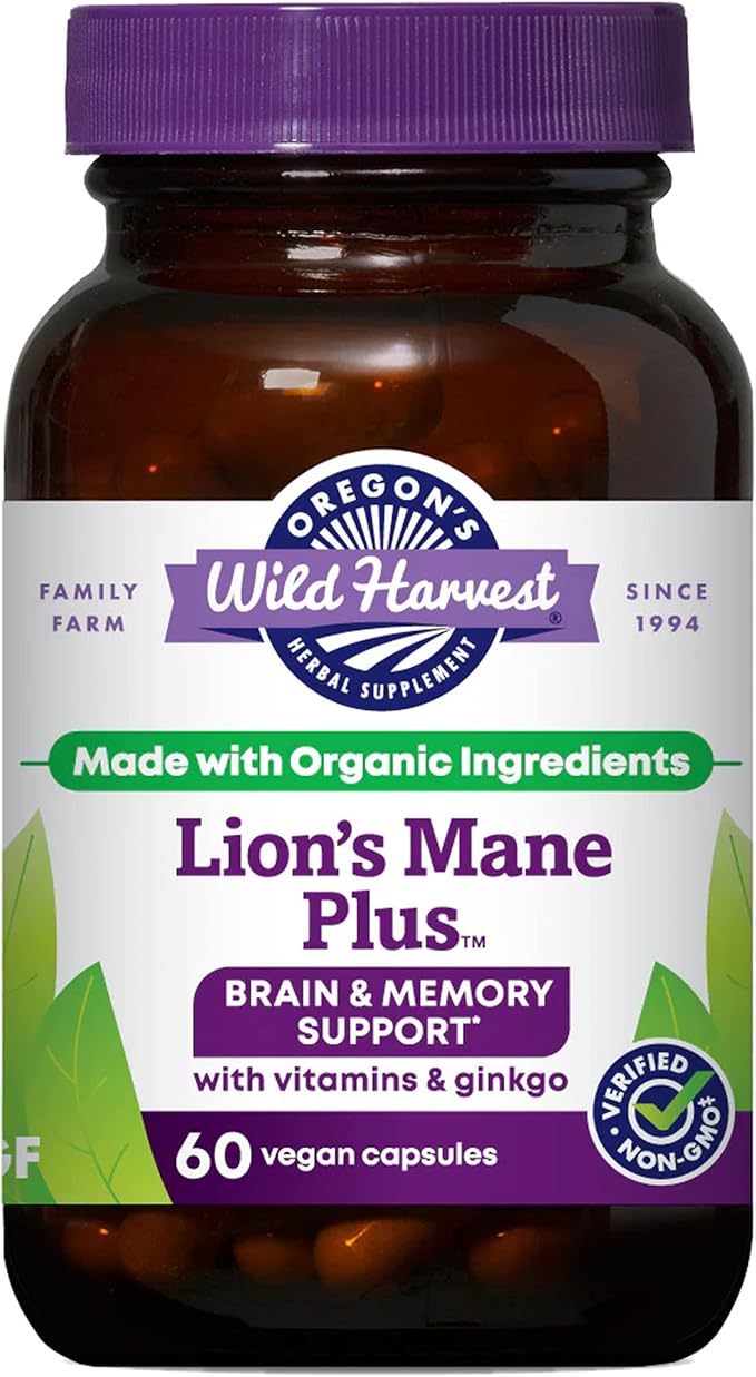 Oregon's Wild Harvest Lion's Mane Plus Brain &amp Memory Support with Vitamins &amp Ginkgo Organic 60 Count