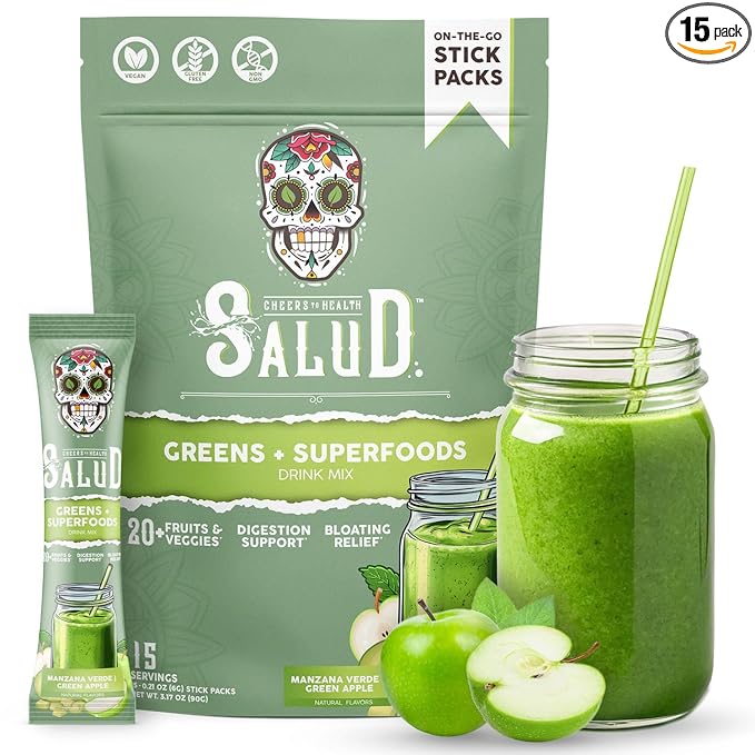 Salud 2-in-1 Greens Powder + Superfood Drink Mix Packets 20+ Fruits and Veggies Probiotics Prebiotics Supports Digestive Health Bloating Relief Vegan Green Apple (15 Servings)