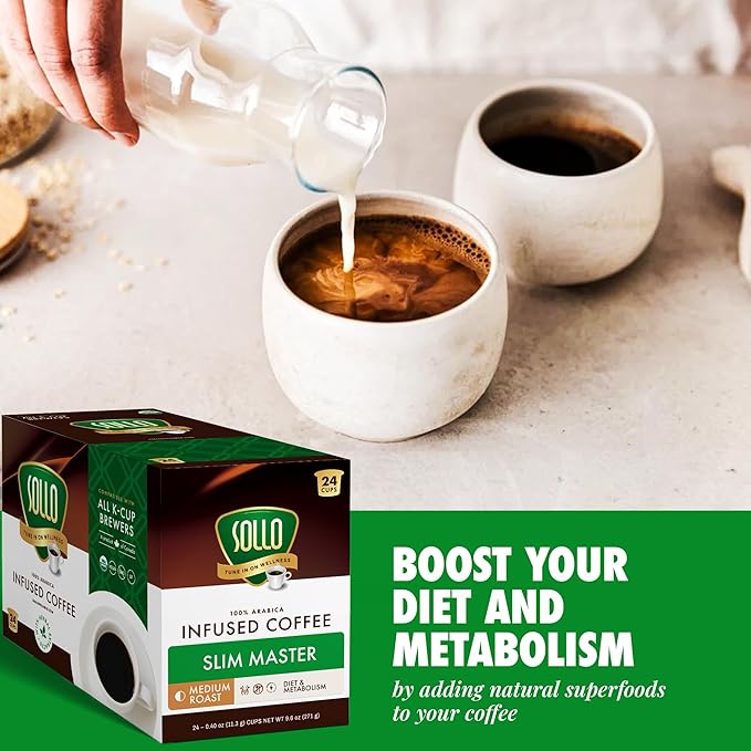 SOLLO Organic Slim Coffee Pods Medium Roast Low Acid Diet-Support Slim Single Serve Pods Compatible With 2.0 K-Cup Keurig Brewers 24 K Cup